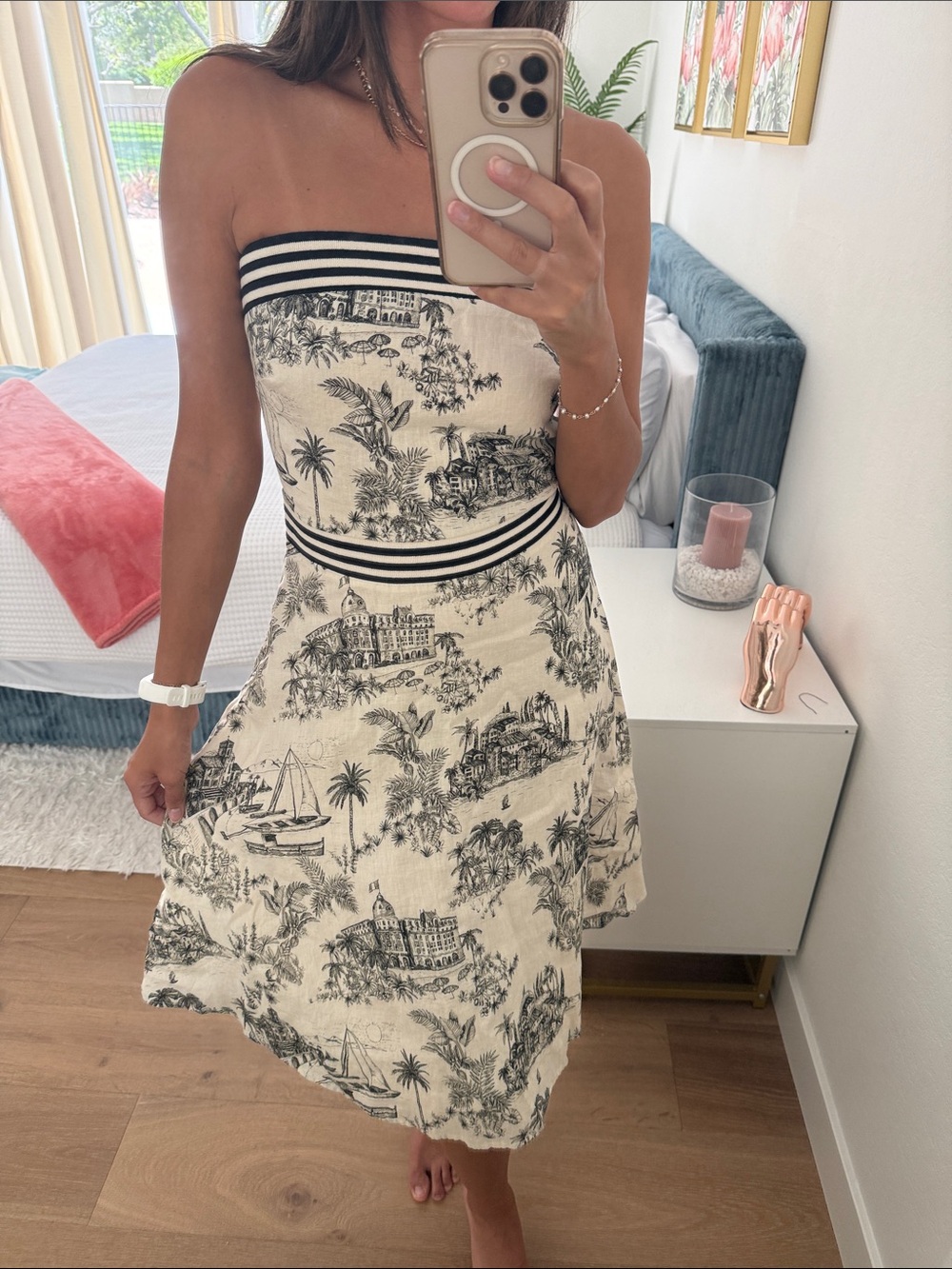 Tommy Bahama Strapless Black & Cream Toile-Print Sundress